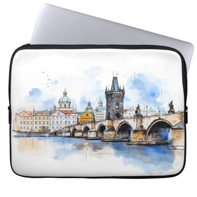 Oude Praag, Karelsbrug waterverf Laptop Sleeve (Voorkant)