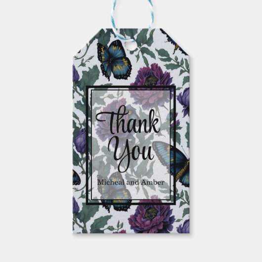 Oude pruim paars magenta bloemen vlinders cadeaulabel (Voorkant)