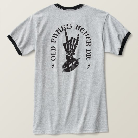 Oude punks sterven nooit skeleton rock op gothic t-shirt (Design achterkant)