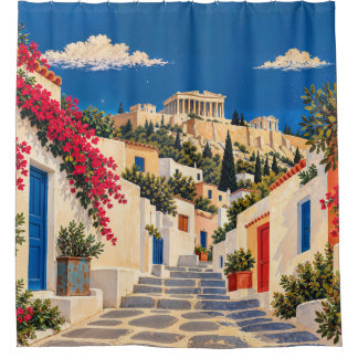 Oude Reisaffiche Athene Griekenland Badgordijn Douchegordijn