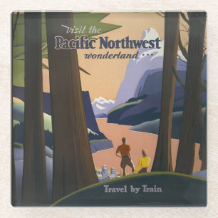 Oude reisposter Pacific Northwest 1925 Trein Glazen Onderzetter