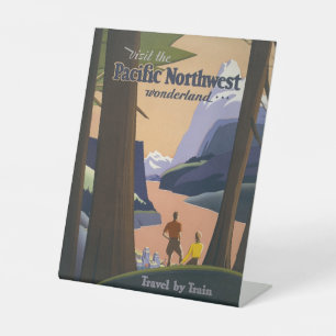 Oude reisposter Pacific Northwest 1925 Trein Reclamebord Met Voetstuk