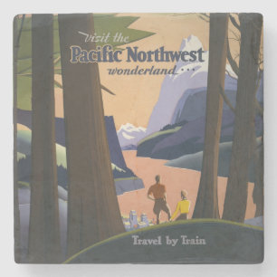 Oude reisposter Pacific Northwest 1925 Trein Stenen Onderzetter