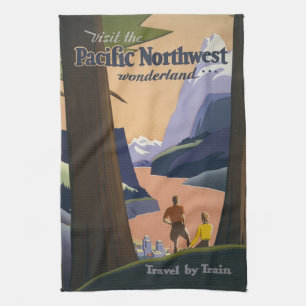Oude reisposter Pacific Northwest 1925 Trein Theedoek