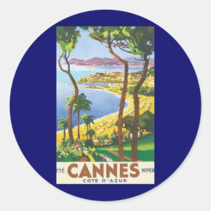 Oude Reisposter, Strand in Cannes, Frankrijk Ronde Sticker