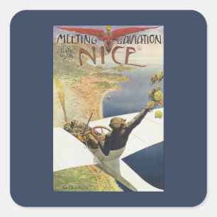 Oude Reisposter, Vliegtuig boven Nice Frankrijk Vierkante Sticker