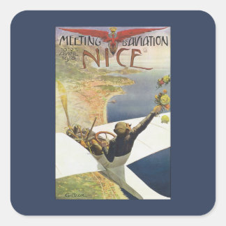 Oude Reisposter, Vliegtuig boven Nice Frankrijk Vierkante Sticker