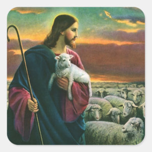 Oude Religie, Christus Goede Herder met Kudde Vierkante Sticker