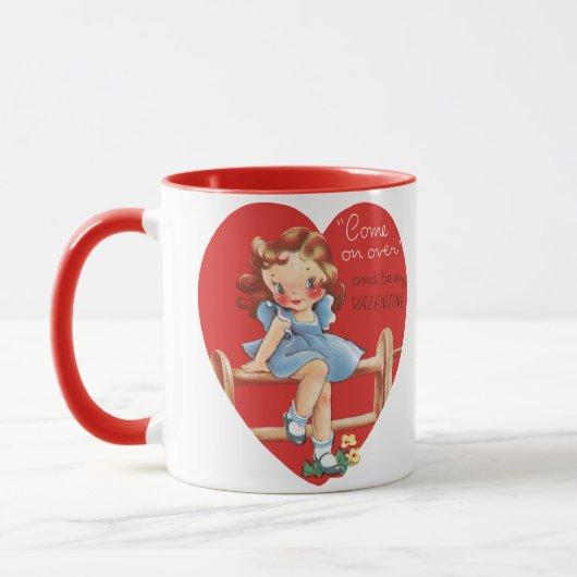 Oude Retro Valentijnsdag, Meisje op een hek Mok (Links)