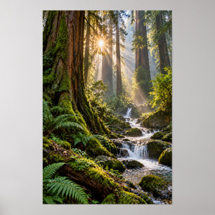 Oude Reuzenboom Bos Waterval Zonlicht Muurkunst Poster