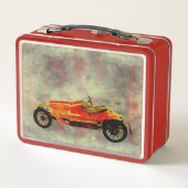 Oude rode autometaal lunchbox (Achterkant)
