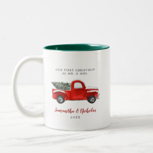Oude rode boerderijwagen   Eerste kerst Mr & Mrs Tweekleurige Koffiemok