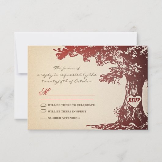 oude rode boom vintage bruiloft rsvp ontwerp kaartje (Voorkant)