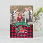 Oude Rode Buffalo Geruite Vrachtwagen Kerstkaart (Staand voorkant)