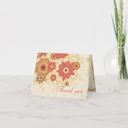 Oude rode gouden klaproos bloemen trouw huwelijks bedankkaart (Voorkant)