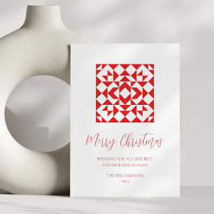 Oude rode kerst geometrische quilt gepersonaliseer feestdagenkaart