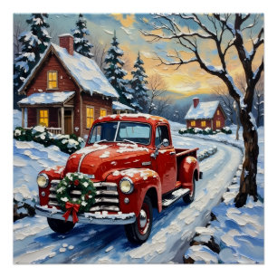 Oude rode kersttruck op besneeuwde landweg perfect poster