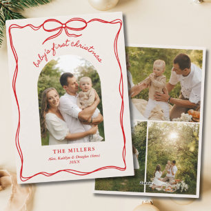 Oude rode strik baby's 1e kerst familie foto feestdagenkaart