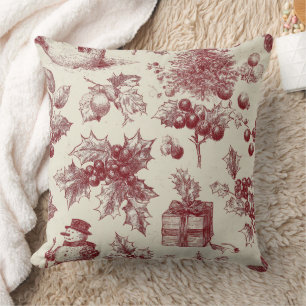 Oude rode toile Kerst botanisch - Hulst Kussen