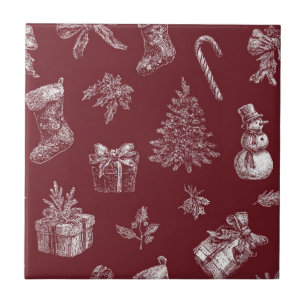 Oude rode toile kerst met kousen (2) tegeltje