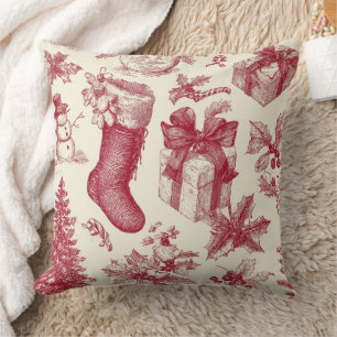 Oude rode toile kerstpatroon met kousen kussen