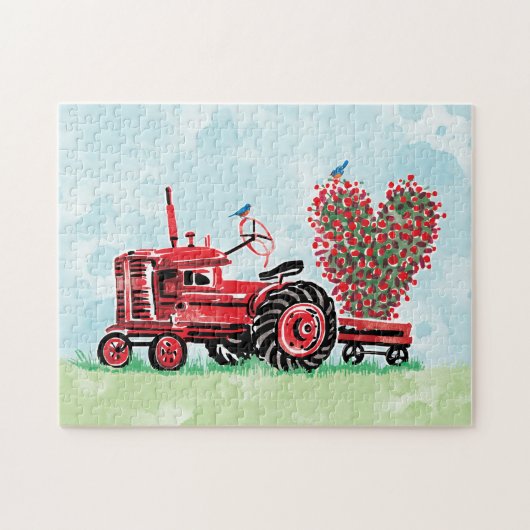 oude rode tractor bloemenhart legpuzzel (Horizontaal)