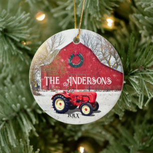 Oude rode tractor Kerst keramische versiering Keramisch Ornament