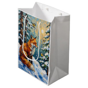 Oude rode vos en mezen kerstschilderij medium cadeauzakje