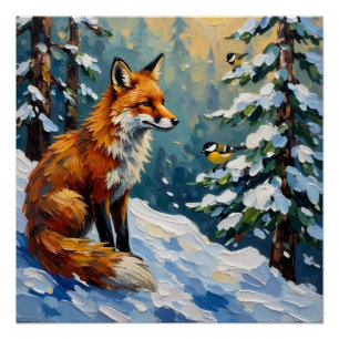 Oude rode vos en mezen kerstschilderij perfect poster