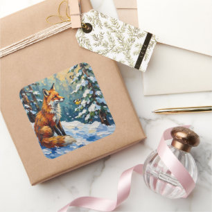 Oude rode vos en mezen kerstschilderij vierkante sticker