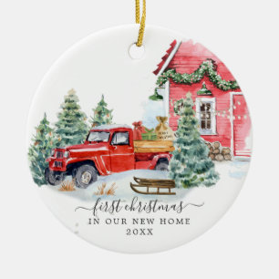 Oude rode vrachtwagen   Eerste kerst in nieuw huis Keramisch Ornament
