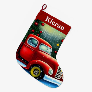 Oude rode vrachtwagen en kerstbomen Mooie sneeuw Grote Kerstsok