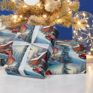 Oude rode vrachtwagen en rode schuur Kerst Cadeaupapier