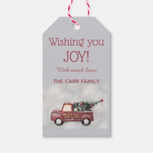 Oude rode vrachtwagen met kerstboom cadeaulabel (Voorkant)