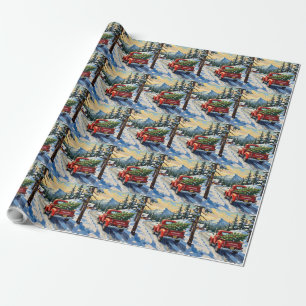Oude rode vrachtwagen met kerstboom cadeaupapier