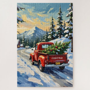 Oude rode vrachtwagen met kerstboom legpuzzel