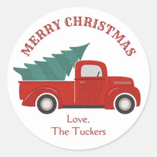 Oude rode vrachtwagen met kerstboom ronde sticker (Voorkant)