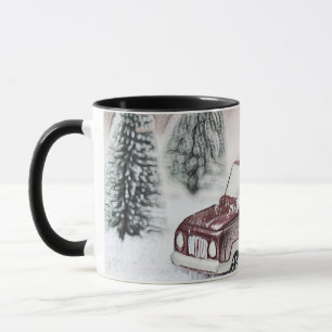 Oude rode vrachtwagen met kerstboom tekening mok