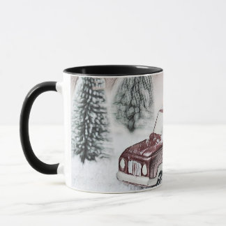 Oude rode vrachtwagen met kerstboom tekening mok