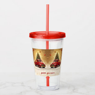 Oude rode vrachtwagen met kerstboom tumbler acryl drinkbeker