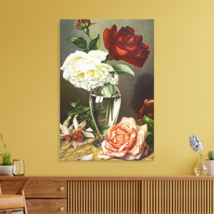 Oude rode witte roze rozen in glazen vaas Kunst Canvas Afdruk