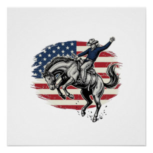 Oude Rodeo Cowboy Patriotische Paardrijder Vector_ Perfect Poster