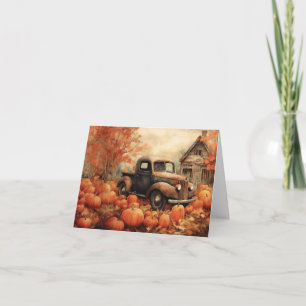 Oude roestige pick-up en pompoenen Herfst lege kaa Notitiekaartje