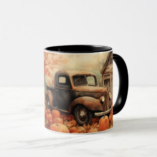 Oude roestige pick-up en pompoenen herfst mok