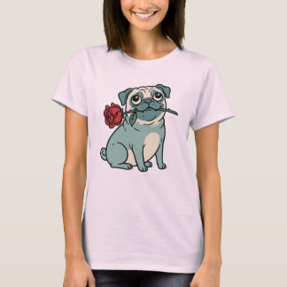 Oude Romantische Pugs-hond met Rode Roos T-shirt