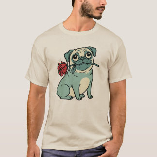 Oude Romantische Pugs-hond met Rode Roos T-shirt