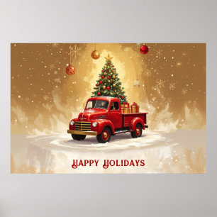 Oude Rood Truck met Kerstboom Poster