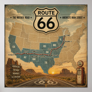 Oude Route 66 Kaart Benzinepomp Landschap Poster