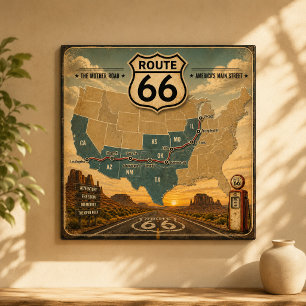 Oude Route 66 Kaart Benzinepomp Landschap Poster