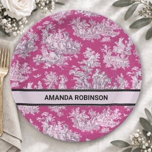 Oude roze magenta toile de jouy monogram met bloem papieren bordje